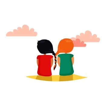 Two girls with closely interwoven braids. Friends sitting on ground and looking at far away. Vector web banner about friendship in cartoon style. Friends day fun pastime with loved reliable friend.. Two Girls with Closely Interwoven Braids. Vector