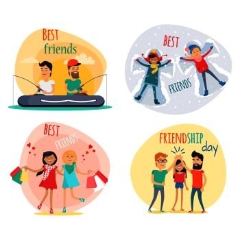Set of best friends and friendship day flat design isolated on white. Vector illustration of joint fishing two boys, girls shopping, friends makes snow angel and friendly greeting cartoon style. Set of Best Friends and Friendship Day Flat Design