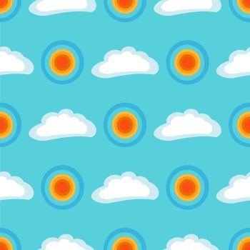Seamless pattern with sun and cloud on blue background vector illustration. Blue sky and white clouds endless texture cartoon style. Seamless Pattern with Sun and Cloud on Blue