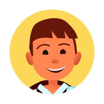 Young boy with broad sincere smile portrait inside yellow circle isolated vector illustration on white background. Childish emotional cartoon face.. Young Boy with Broad Sincere Smile Round Portrait