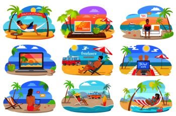 Distant work and freelance during summer on holidays at seaside in recliner, hammock attached to palms, on sand with laptop vector illustrations set.. Distant Work and Freelance on Beach during Summer