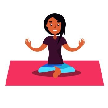Girl doing yoga sits in lotus position on pink rug isolated on white. Vector illustration of young female person taking care of her health. Girl doing yoga sits in lotus position on pink rug