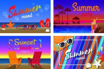 Summer beach party with good mood bright posters. Spectacular seaside, wooden recliners, modern sunglasses and tasty cocktail vector illustrations.. Summer Beach Party with Good Mood Posters Set