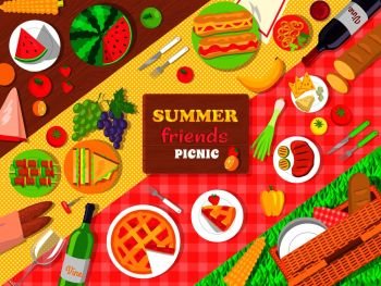 Summer friends picnic poster with delicious food. Hot cherry pie, tasty sandwiches, roasted meet, fresh hot dogs and juicy fruits vector illustration.. Summer Friends Picnic Poster with Delicious Food