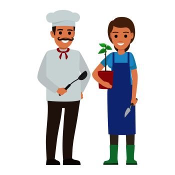 Chef in uniform and young gardener in protective apron vector illustration. Cook holds dark kitchen spoon, grower with plant and garden shovel.. Chef Cook and Gardener. Two Smiling Persons Vector