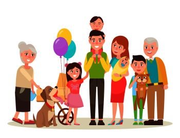 Young parents, funny kids, cute baby, grandmother with pram, cheerful grandfather, dog in collar and cat on boys hands vector illustration.. Happy Extended Family Photo Cartoon Illustration