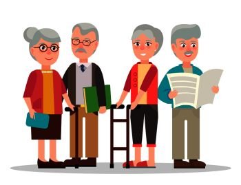 Elderly couples with grey hair, wooden canes, eyesight glasses, book in hardcover and daily newspaper isolated vector illustration.. Cute Elderly Couples with Books and Newspaper