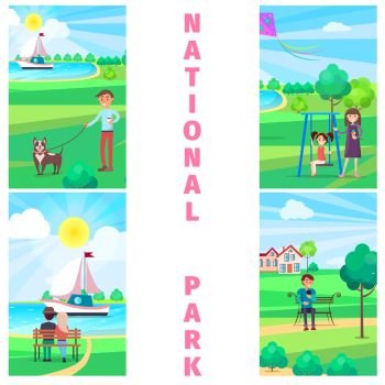 National park in summer time with relaxing people, walking dog, playing with child, admiring floating ship and sitting on bench. National Park in Summer with Relaxing People.