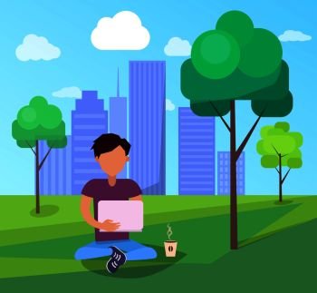 Free Wi-fi zone in city park on background of skyscrapers banner. Man with laptop and coffee using modern computer technologies, internet addiction concept. Male in Park Using Modern Computer Technologies