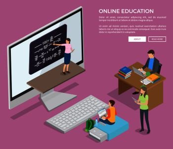 People sitting at table or on flash drive study online via Internet with help of female teacher near blackboard in computer screen vector poster. People Studying Online via Internet Vector Poster