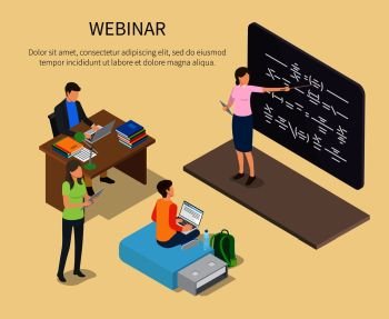 Webinar for people studying at home vector poster. Web banner of man working at table with books, boy on flash drive and standing girl with tablet. Webinar for People Studying at Home Vector Poster