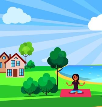 Girl doing yoga outdoors on pink rug near green trees and with residential buildings on background. Rest in park template vector poster. Girl Doing Yoga Outdoors, Buildings on background