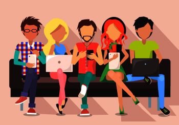 People and technology banner vector illustration. Males and females sit on bench in wi-fi zone using modern gadgets and getting free internet access. People and Technology Banner Vector Illustration.