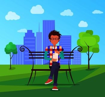 Spending time in park banner. Man in glasses watching movie on digital tablet vector illustration on background of urban city skyscrapers. Spending Time in Park Vector Banner. Man on Bench