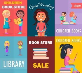 Sale in children bookstore, good reading in library with small readers keeps color books vector illustration concept of six posters.. Children Bookstore, Good Reading in Library, Sale