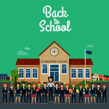 Back to school banner. Teacher with pupils on school yard. Young teacher with pupils. Education. World Book Day. Awareness professor with appreciated students. Education concept. Vector illustration.. Back to School. Teacher with Pupils on School Yard