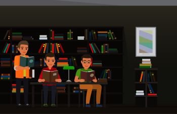 Men reading textbooks in library interior with bookshelves. Male students seating at the table and standing with open book in hand flat vector. Enthusiastic readers illustration for studying concept