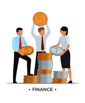 Finance people holding three golden and silver coins, and pile of coppers beside them vector illustration isolated on white background. Finance People with Coins Vector Illustration