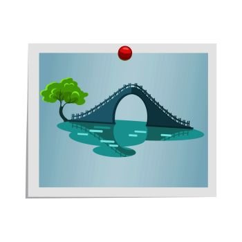 Taiwanese bridge with stairs and handles, oval empty space under it near tree on photograph isolated on white. Vector colorful illustration in flat design of attached picture by red drawing pin. Taiwanese Bridge on Photograph Isolated on White
