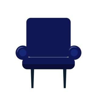 Blue armchair on two thin legs vector illustration isolated on white. Cosy seat made of velvet cloth, chair icon in cartoon style. Blue Armchair on Two Thin Legs Vector illustration
