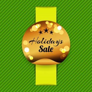 Holiday sale golden label with three stars, best prices poster logo design. Golden seal award vector banner on yellow and green with sparkling elements. Holiday Sale Golden Label with Stars, Best Prices