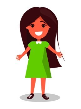 Smiling brunette girl with long hair in green dress, kindergarten cartoon kid vector illustration isolated on white background. Smiling Brunette Girl with Long Hair in Dress
