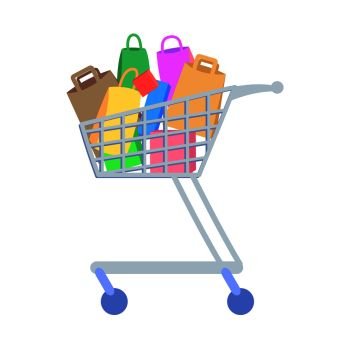 Shopping trolley full of paper bags and boxes flat vector illustration. Make purchases on seasonal sale in supermarket concept isolated on white background. For e-commerce and online shopping app icon