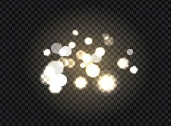 Blurred glittering sparkling elements isolated on black transparent background. Golden sparkles of light, cosmic dust, illuminated splashes vector. Blurred Glittering Sparkling Elements on Black