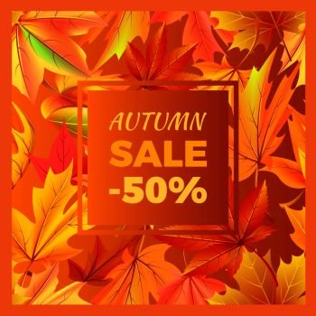 Autumn sale -50% off sign surrounded by frame of golden yellow foliage. Vector illustration with orange leaves, discounts half price at fall season. Autumn Sale -50% off Icon Vector Illustration