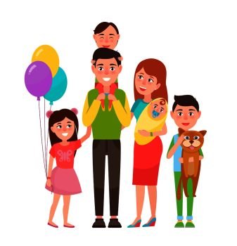 Happy extended family icon isolated on white background. Vector illustration with parents with baby, daughter with balloons and two brothers. Happy Extended Family Icon Vector Illustration