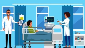 Doctor and nurse standing with syringe and going to do injection to patient, drop-bottle and smiling woman in hospital room vector illustration. Doctor and Nurse and Syringe Vector Illustration