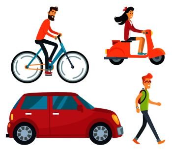 Icons of man on bike, girl with scooter, vehicle and pedestrian with backpack. Vector illustration with transport and people isolated on white background. People with Transport Icons Vector Illustration