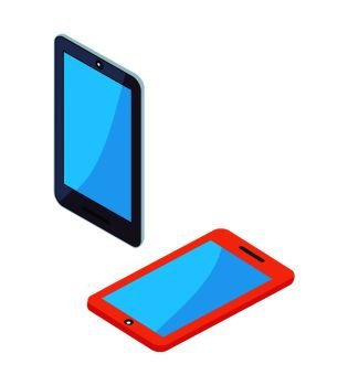Smartphones or portable cell phones in isometric design set. Modern digital tablets with blue screen vector illustrations isolated on white background.. Smartphone Portable Cellphones in Isometric Design