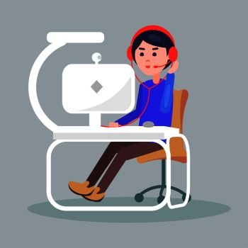 Brunette woman with red headphones and red microphone sitting at desk with computer in office. Beautiful female working at laptop with web camera. Vector illustration flat design cartoon style.. Woman with Headphones and Microphone in Office