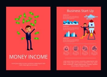 Money income and business start up, businessman tossing up money and standing on rocket, text and icons vector illustration isolated on pink. Money Income and Business Vector Illustration