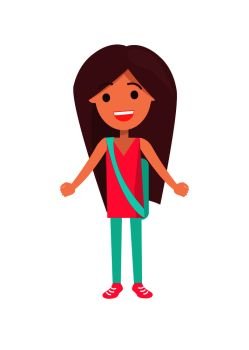 Smiling girl with long thick brown hair dressed in pink sleeveless t-shirt and light blue trousers isolated vector illustration on white. Girl with Long Thick Hair Isolated Illustration