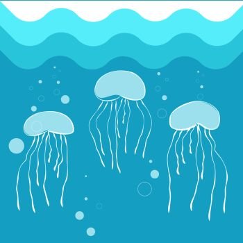 Jellyfish swimming in blue sea water background. Vector illustration of octopus in deep ocean, marine concept image in flat style. Jellyfish Swimming in Blue Sea Water Background