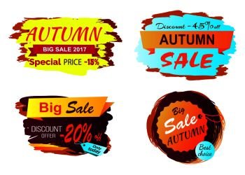 Big autumn sale clearance icons isolated on white background. Vector illustration with discount advert on beautiful golden yellow labels. Big Autumn Sale Clearance Vector Illustration