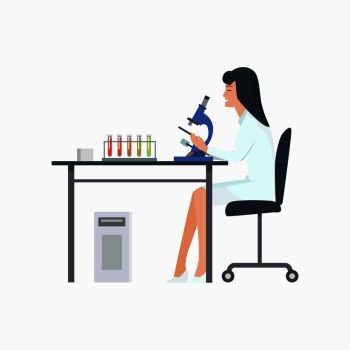 Woman working in laboratory with microscope in white robe. Vector illustration of icon with scientist working on experiment isolated on white background. Woman Working in Laboratory Vector Illustration