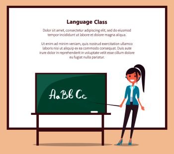 Language class in primary school banner with place for text. Teacher stands near blackboard with pointer and shows on ABC alphabet. Language Class at School Banner with Text Vector