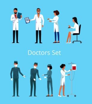 Doctors set of icons, man reading results of analysis, nurse with drop-bottle, woman sitting on chair and surgeons operating vector illustration. Doctors Set of Icons on Blue Vector Illustration