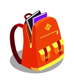 Backpack full of books vector illustration isolated on white. School rucksack with pockets and zippers in orange color for secondary school pupils. Backpack Full of Book Vector Illustration Isolated