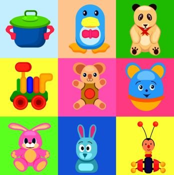 Toy saucepan, penguin in bowtie, panda bear, train car, koala bear, round mouse, pink bunny, funny rabbit and beetle xylophone vector illustrations.. Colorful Childrens Toys in Bright Squares Set