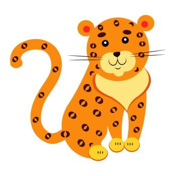 Cute funny jaguar or leopard vector flat cartoon sticker isolated on white. Wild animal illustration for game counters, price tags. Cute Jaguar Cartoon Flat Vector Sticker or Icon