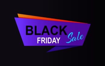 Black friday sale promo poster with advertising information about discounts on purple rectangle with orange backdrop vector isolated on black. Black Friday Sale Promo Poster with Advert Info