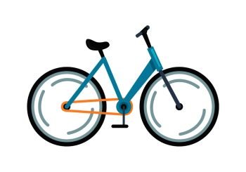 Icon of blue bicycle with black seat and steering and both wheels rotating. Vector illustration of bike isolated on white background. Bicycle Icon Colorful Vector Illustration