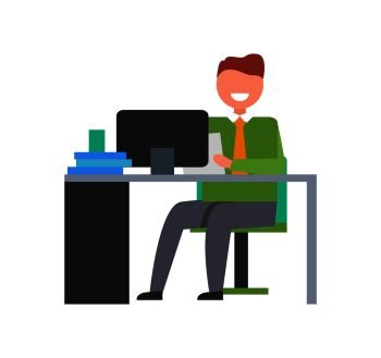 Cheerful businessman in his office. Adult male sitting at desk with paper in left hand and working on computer isolated vector illustration on white. Cheerful Businessman Sitting at Desk Illustration
