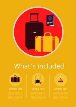 Whats included in hotel service informative internet page with heavy baggage and international passport isolated vector illustration inside circle.. Whats Included in Hotel Service Info Internet Page