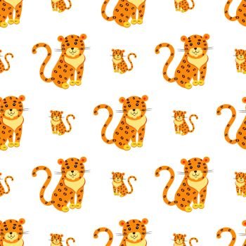Seamless pattern of cute funny jaguar or leopard vector flat cartoon sticker or icon outlined with dotted line isolated on white. Wild animal illustration for game counters, price tags. Cute Leopards Flat Vector Seamless Pattern