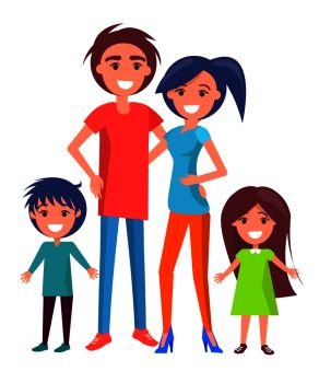 Happy family poster with mother, smiling father, two children boy and girl vector illustration in flat style isolated on white background. Happy Family Poster with Parents and Two Children